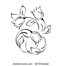 decorative element with stylized flower buds, leaves and curls in black lines on a white background