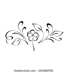 decorative element with stylized flower, leaves and curls in black lines on a white background