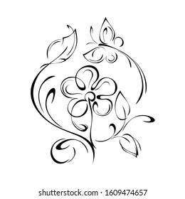 decorative element with a stylized flower on a short stem with leaves, curls and a butterfly in black lines on a white background