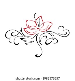 decorative element with stylized flower on the stem and with vignettes in black and red lines on a white background