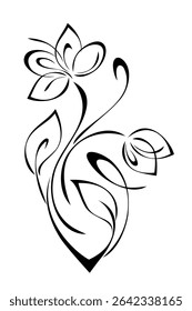 decorative element with a stylized flower on a curved stem with leaves and curls; graphic design