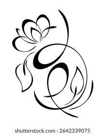 decorative element with a stylized flower on a curved stem with leaves and curls; graphic design
