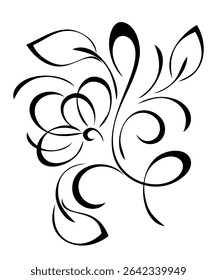 decorative element with a stylized flower on a curved stem with leaves and curls; graphic design