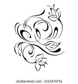 decorative element with stylized flowers, leaves and curls in black lines on a white background