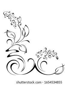 decorative element with stylized flowers, leaves and curls in black lines on a white background