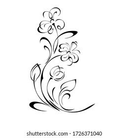 decorative element with stylized flowers, leaves and swirls in black lines on a white background