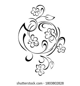 decorative element with stylized flowers, leaves and swirls in black lines on a white background