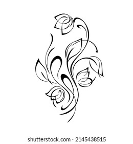 decorative element with stylized flowers, leaves and swirls in black lines on a white background