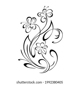 decorative element with stylized flowers on stems with curls in black lines on a white background
