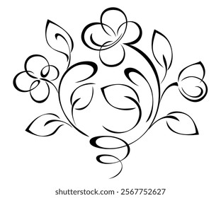 decorative element with stylized flowers on stems with leaves and vignettes; graphic design