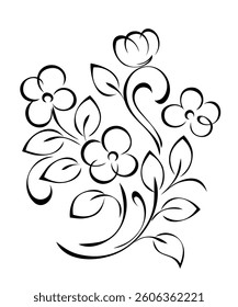 decorative element with stylized flowers on curved stems with leaves and curls; graphic decor