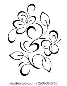 decorative element with stylized flowers on curved stems with leaves and curls; graphic decor