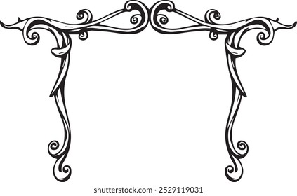 decorative element that is a symmetrical frame made up of stylized flowing vines with swirls. It can be used as a border for digital content a background pattern or a design for printing.