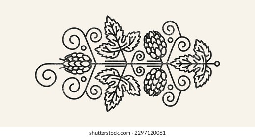 Dekoratives Element in dünner Linie für Ihr Design. Stylierung der Hop Pflanze mit rauer Textur. Vektorgrafik