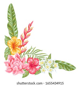 Decorative element with tropical flowers and leaves. Exotic foliage, palms and plants.