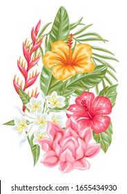 Decorative element with tropical flowers and leaves. Exotic foliage, palms and plants.