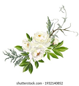 Decorative element from white flowers and grass. Design element from white peonies. Vector illustration.