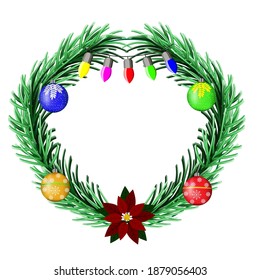 The decorative element is a wreath of pine branches with Christmas balls, a garland and poinsettia.