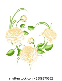 Decorative element with yellow roses. Beautiful flowers, buds and leaves.