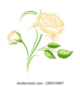 Decorative element with yellow roses. Beautiful flowers, buds and leaves.