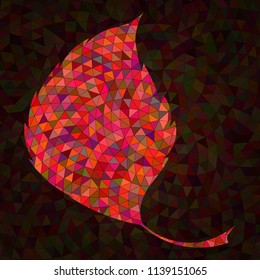 Decorative element for your creative project - a contour aspen leaf in bright red shades on a dark background. Background vector illustration - mosaic pattern.