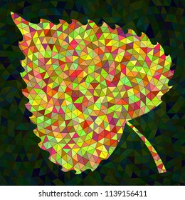 Decorative element for your creative project - a contour leaf in bright red and yellow shades on a dark background. Background vector illustration - mosaic pattern.