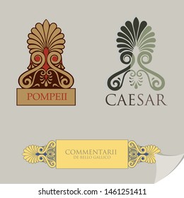 Decorative elements in the ancient Roman style. The Latin inscription means "Notes on the Gallic War"