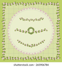 The decorative elements with apple tree's flowers drawn on a light green quilted background 