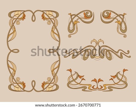 Decorative elements in art nouveau style with flowing frame borders and curved motifs. Botanical designs with intertwined vines and leaves for vintage borders. Elegant dividers with organic patterns