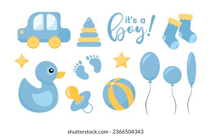 Decorative elements for baby shower design. Gender reveal party card, banner, vector element design. It's a boy gender reveal set