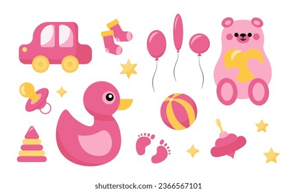 Decorative elements for baby shower design. Gender reveal party card, banner, vector element design. It's a girl gender reveal set