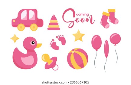 Decorative elements for baby shower design. Gender reveal party card, banner, vector element design. It's a girl gender reveal set