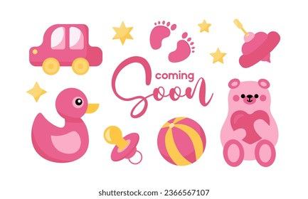 Decorative elements for baby shower design. Gender reveal party card, banner, vector element design. It's a girl gender reveal set