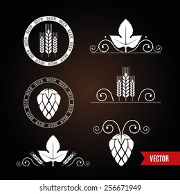 Decorative elements with barley or wheat ears and hop cones for beer label design. Dark design of borders and stamps. Vector.