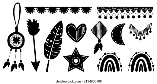 Decorative elements in a boho theme. Designed in black tones for patterns, t-shirt designs, fashion, decorative items, pillow designs, fabric patterns, digital prints and more.