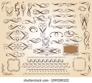 Decorative elements: border ,vignettes ,border, dividers.Vector illustration.Brown on beige.
