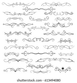 Decorative elements and calligraphic workpiece. Decorative monograms and calligraphic borders. Classic design elements for wedding invitations. Set isolated on white background. 