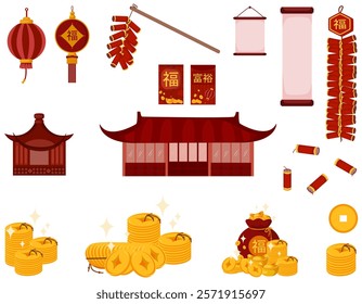 Decorative elements for the Chinese New Year festival: lanterns, firecrackers, signs, traditional Chinese-style houses, lucky coins, and red envelopes (Ang Pao).