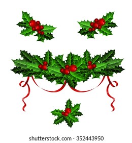 Decorative elements with Christmas holly set isolated