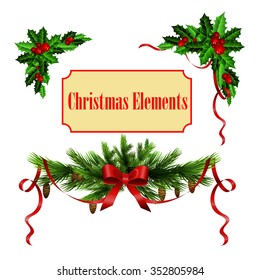 Decorative elements with Christmas holly set isolated