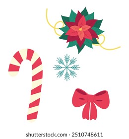 Elementos decorativos Conjunto de Natal Candy Cane, arco vermelho, floco de neve, poinsettia e serpentina Isolado