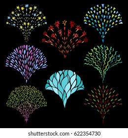 Decorative elements collection. Stylized fountain, firework, drops, fan shapes symbols. Doodle style decorations. Vector illustration.