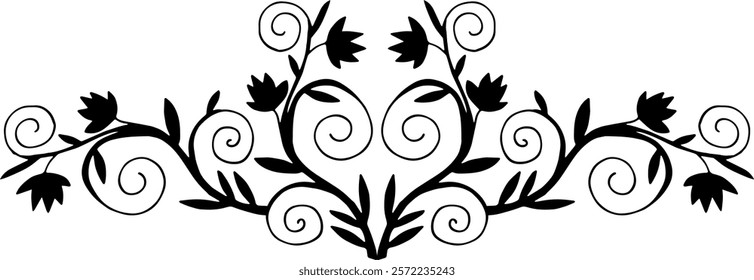 Decorative elements of curls with leaves. Vector illustration. Hand drawing.	