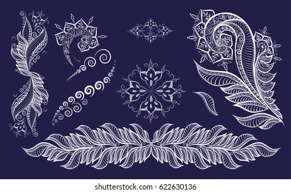 Decorative elements for decoration. Set vegetation beneath the lace. Patterns with thin lines and swirls. Vector art, interior design, textiles and design
