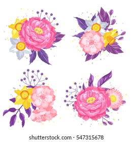 Decorative elements with delicate flowers. Object for decoration wedding invitations, romantic cards.