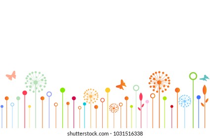 Decorative Elements for design, dandelions flowers blooming and other wild field plants. 
