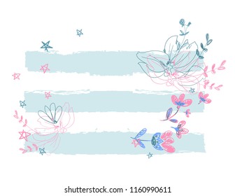 Decorative elements for design, flowers, stripes background, Print. Hand drawn vector illustration with flowers.