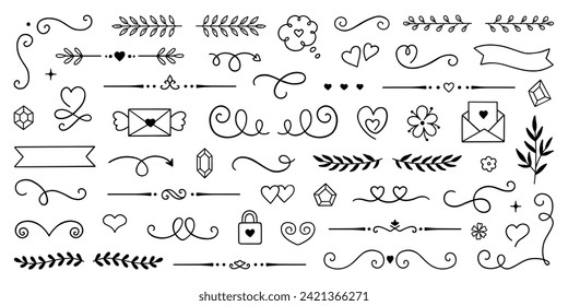 Decorative elements doodle set. Arrows, ribbons, text separators. Divider ornament, corner borders, lines. Hand drawn vector illustration isolated on white background