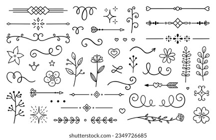 Decorative elements doodle set. Boho arrows, ribbons, text dividers. Divider ornament, corner borders, lines. Hand drawn vector illustration isolated on white background