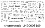 Decorative elements doodle set. Dividers, swirls, text separators. Divider ornament, corner borders, lines. Hand drawn vector illustration isolated on white background